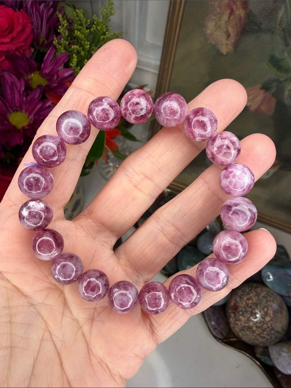 Pink Lithium Mica Natural Stone Bracelet • 10mm • 6.75” • B1354